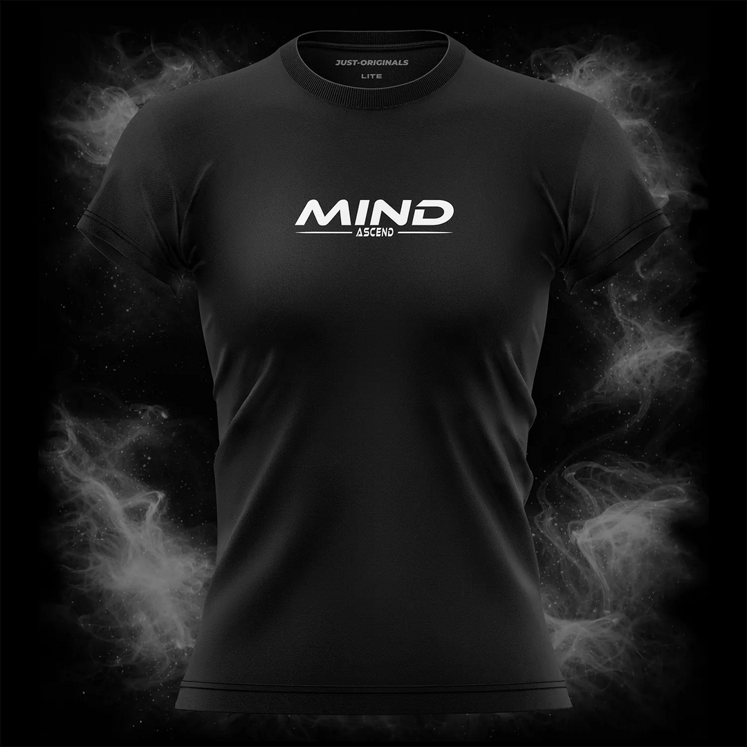 MAXPULSE™ LITE Women Tee – MIND ASCEND design on BlackPulse™ colorway with white performance typography