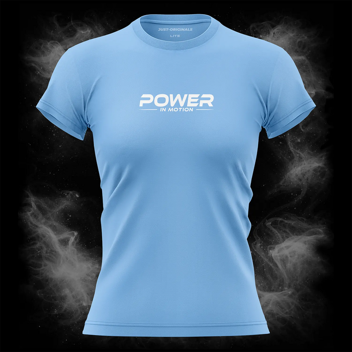 MAXPULSE™ LITE Women Tee – POWER IN MOTION design on SkyPulse™ colorway with white performance typography