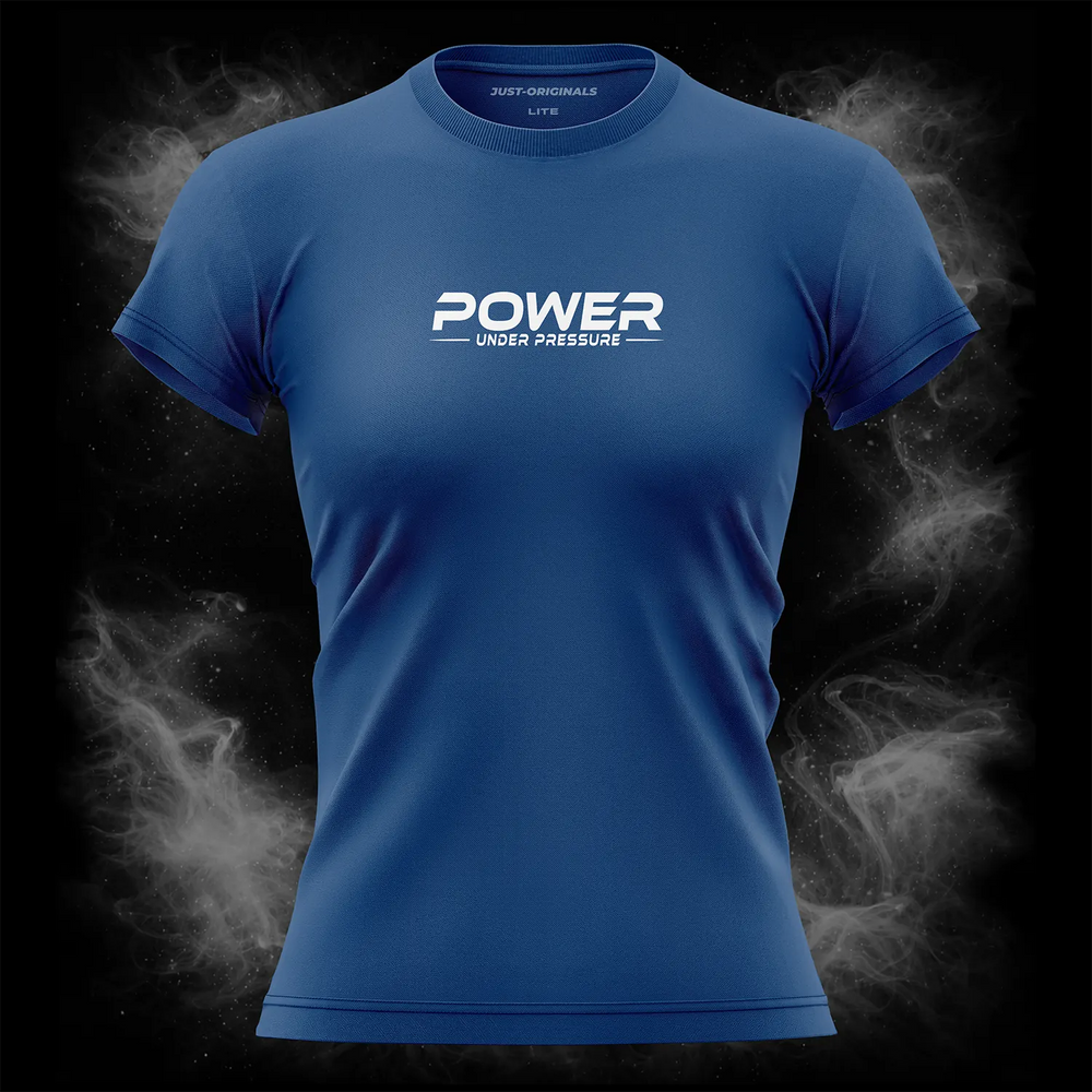 MAXPULSE™ LITE Women Tee – POWER UNDER PRESSURE design on RoyalPulse™ colorway with white performance typography