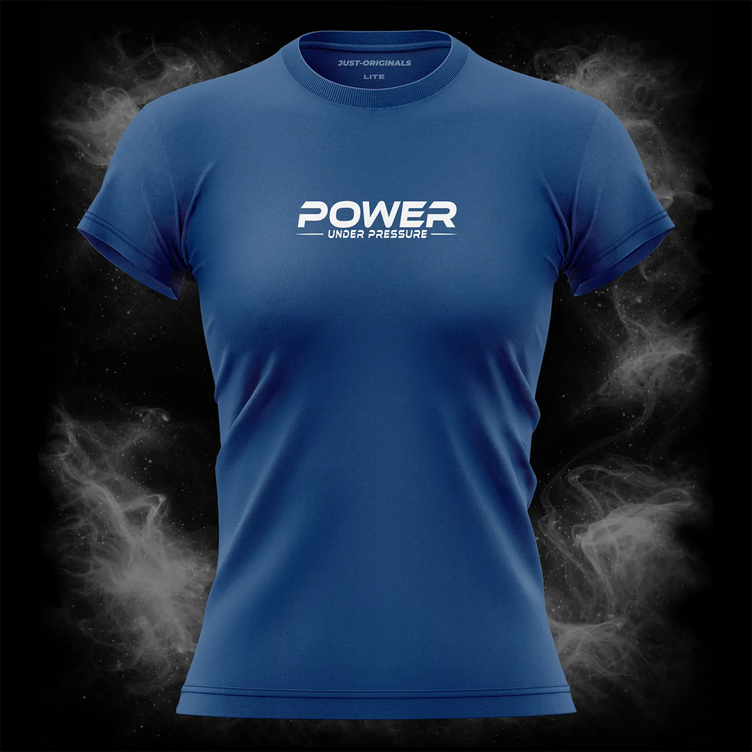 MAXPULSE™ LITE Women Tee – POWER UNDER PRESSURE design on RoyalPulse™ colorway with white performance typography
