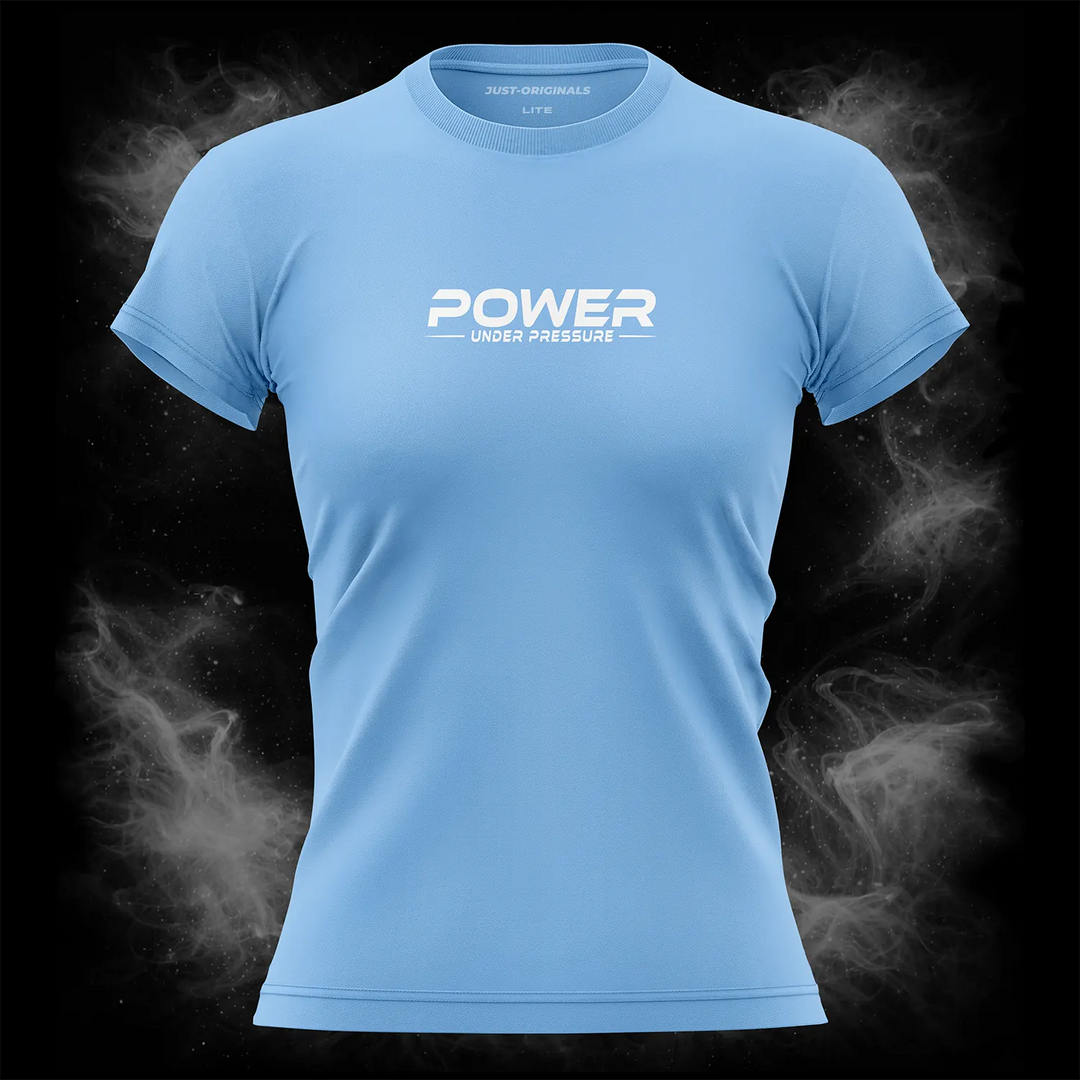 MAXPULSE™ LITE Women Tee – POWER UNDER PRESSURE design on SkyPulse™ colorway with white performance typography