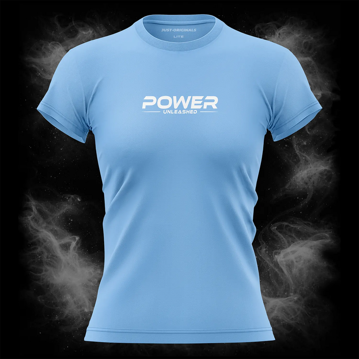 MAXPULSE™ LITE Women Tee – POWER UNLEASHED design on SkyPulse™ colorway with white performance typography