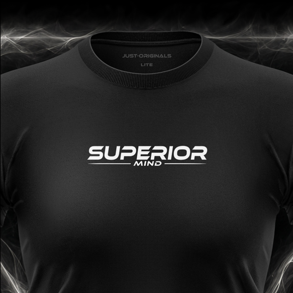 Close-up of the JUST-ORIGINALS™ MAXPULSE™ LITE Women SUPERIOR MIND design on a BlackPulse™ performance t-shirt, featuring white and silver SUPERIOR typography, white MIND text, white accent line, silver premium neck label, and premium athletic fabric.