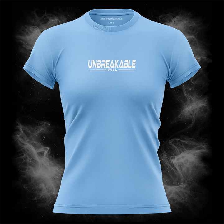 MAXPULSE™ LITE Women Tee – UNBREAKABLE WILL design on SkyPulse™ colorway with white performance typography