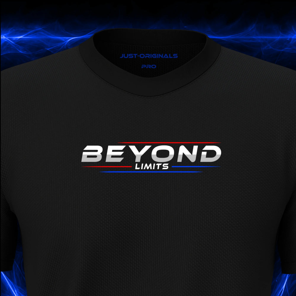 Close-up of the JUST-ORIGINALS™ MAXPULSE PRO Men BEYOND LIMITS design on a BlackPulse™ performance t-shirt, featuring white BEYOND typography, white LIMITS text, red and blue performance accent lines, and premium neck label.