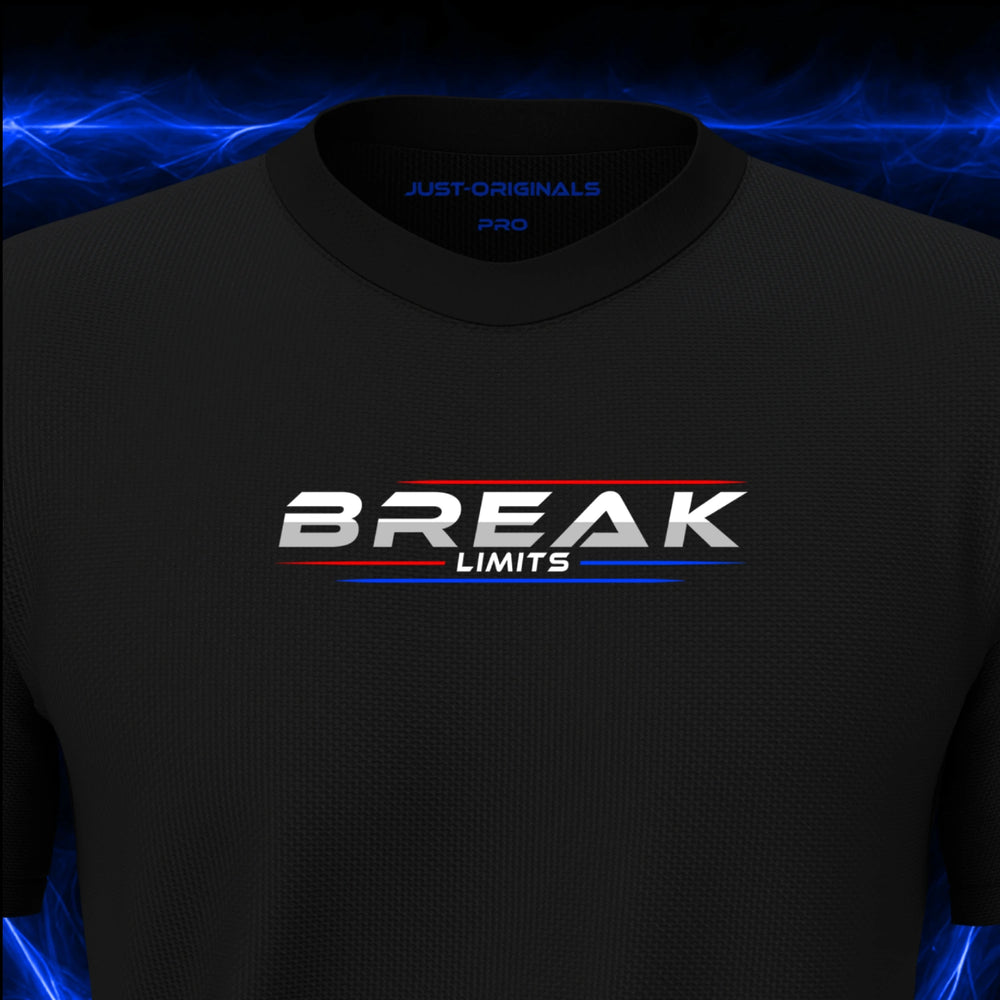 Close-up of the JUST-ORIGINALS™ MAXPULSE PRO Men BREAK LIMITS design on a BlackPulse™ performance t-shirt, featuring white BREAK typography, white LIMITS text, red and blue performance accent lines, and premium neck label.