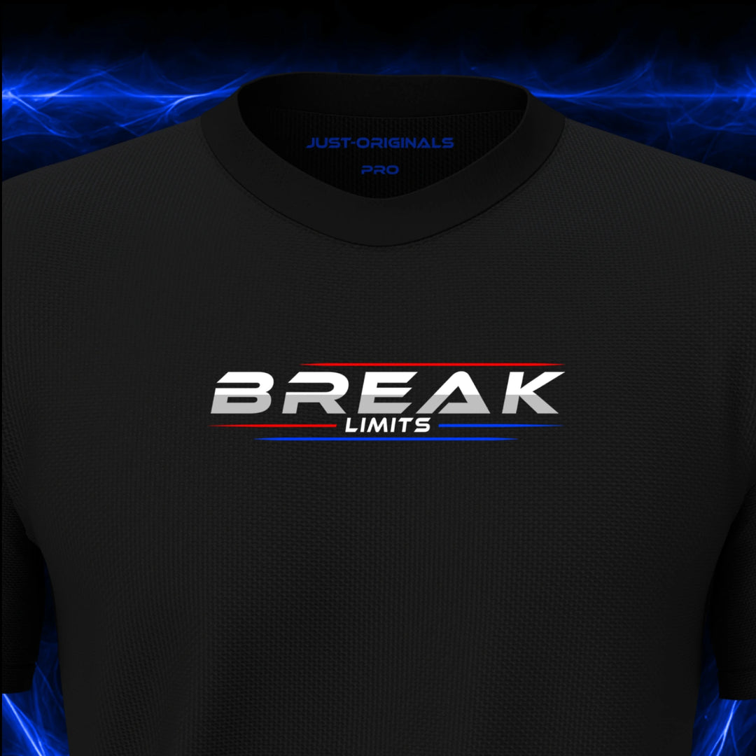 Close-up of the JUST-ORIGINALS™ MAXPULSE PRO Men BREAK LIMITS design on a BlackPulse™ performance t-shirt, featuring white BREAK typography, white LIMITS text, red and blue performance accent lines, and premium neck label.