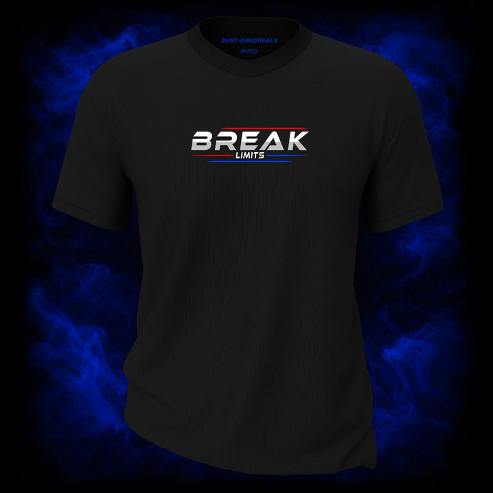 MAXPULSE™ PRO | BREAK LIMITS | Men Tee | White BREAK text with red top line and blue underline on BlackPulse™ shirt | Featured in MAXPULSE™ PRO Men Tee
