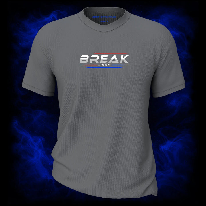 MAXPULSE™ PRO | BREAK LIMITS | Men Tee | White BREAK text with red top line and blue underline on SteelPulse™ shirt | Featured in MAXPULSE™ PRO Men Tee