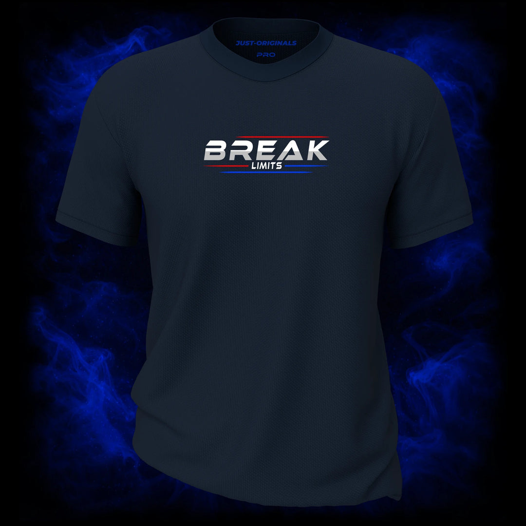 MAXPULSE™ PRO | BREAK LIMITS | Men Tee | White BREAK text with red top line and blue underline on StormPulse™ shirt | Featured in MAXPULSE™ PRO Men Tee