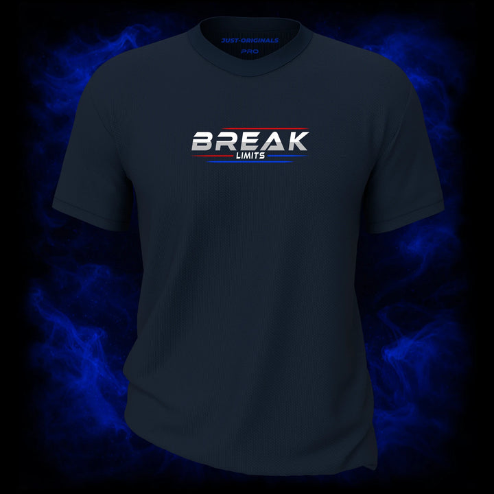 MAXPULSE™ PRO | BREAK LIMITS | Men Tee | White BREAK text with red top line and blue underline on StormPulse™ shirt | Featured in MAXPULSE™ PRO Men Tee