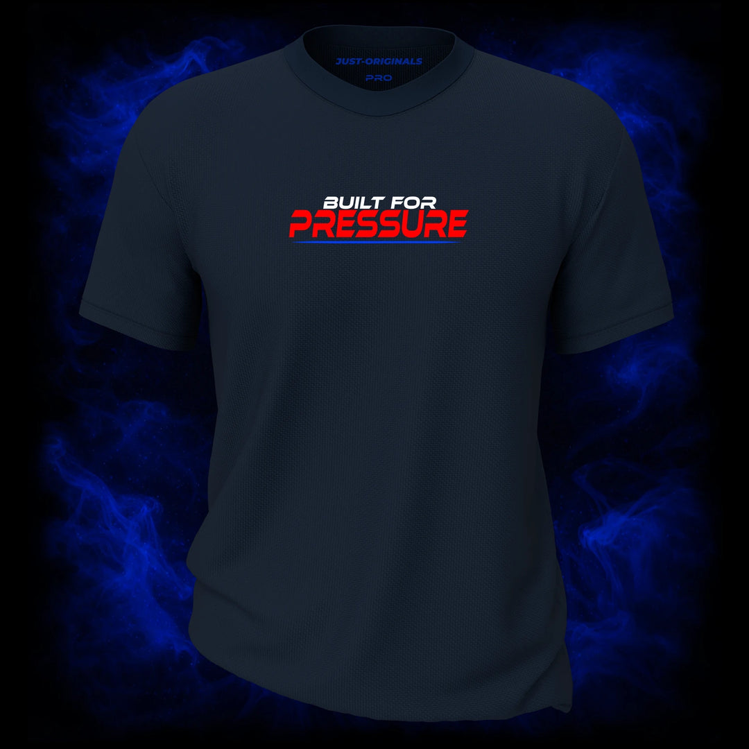 MAXPULSE™ PRO | BUILT FOR PRESSURE | Front Design | Bold red PRESSURE typography with white BUILT FOR accent and blue underline on StormPulse™ performance tee | Featured in MAXPULSE™ PRO Men Performance Tee