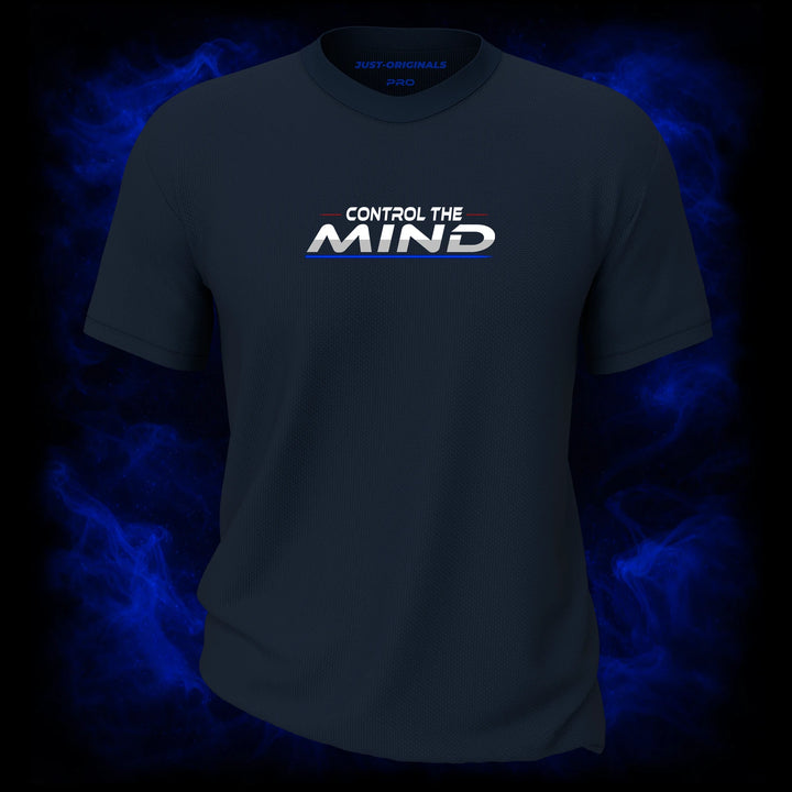 MAXPULSE™ PRO | CONTROL THE MIND | Men Performance Tee | White text with red and blue accent lines on StormPulse™ shirt | Featured in MAXPULSE™ PRO Men Tee
