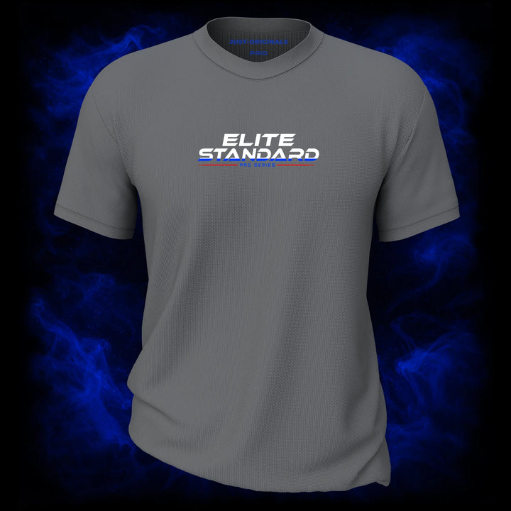 MAXPULSE™ PRO Men Tee featuring ELITE STANDARD PRO SERIES centered on SteelPulse™ performance fabric with bold red and blue typographic contrast, designed for strength, precision, and elite training performance.