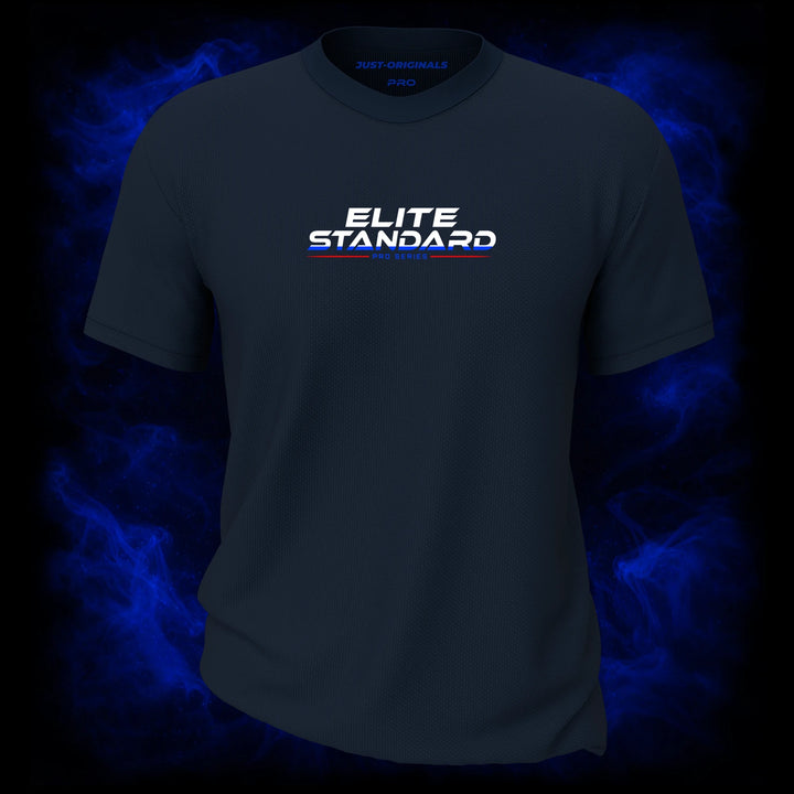 MAXPULSE™ PRO Men Tee featuring ELITE STANDARD PRO SERIES centered on StormPulse™ performance fabric with bold red and blue typographic contrast, built for serious training and peak athletic performance.