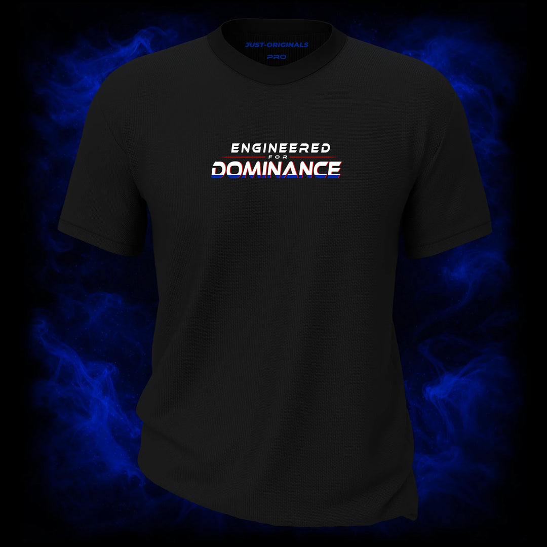 MAXPULSE™ PRO Men Tee featuring ENGINEERED FOR DOMINANCE centered on BlackPulse™ performance fabric with bold red and blue typographic contrast, built for elite training and maximum performance.