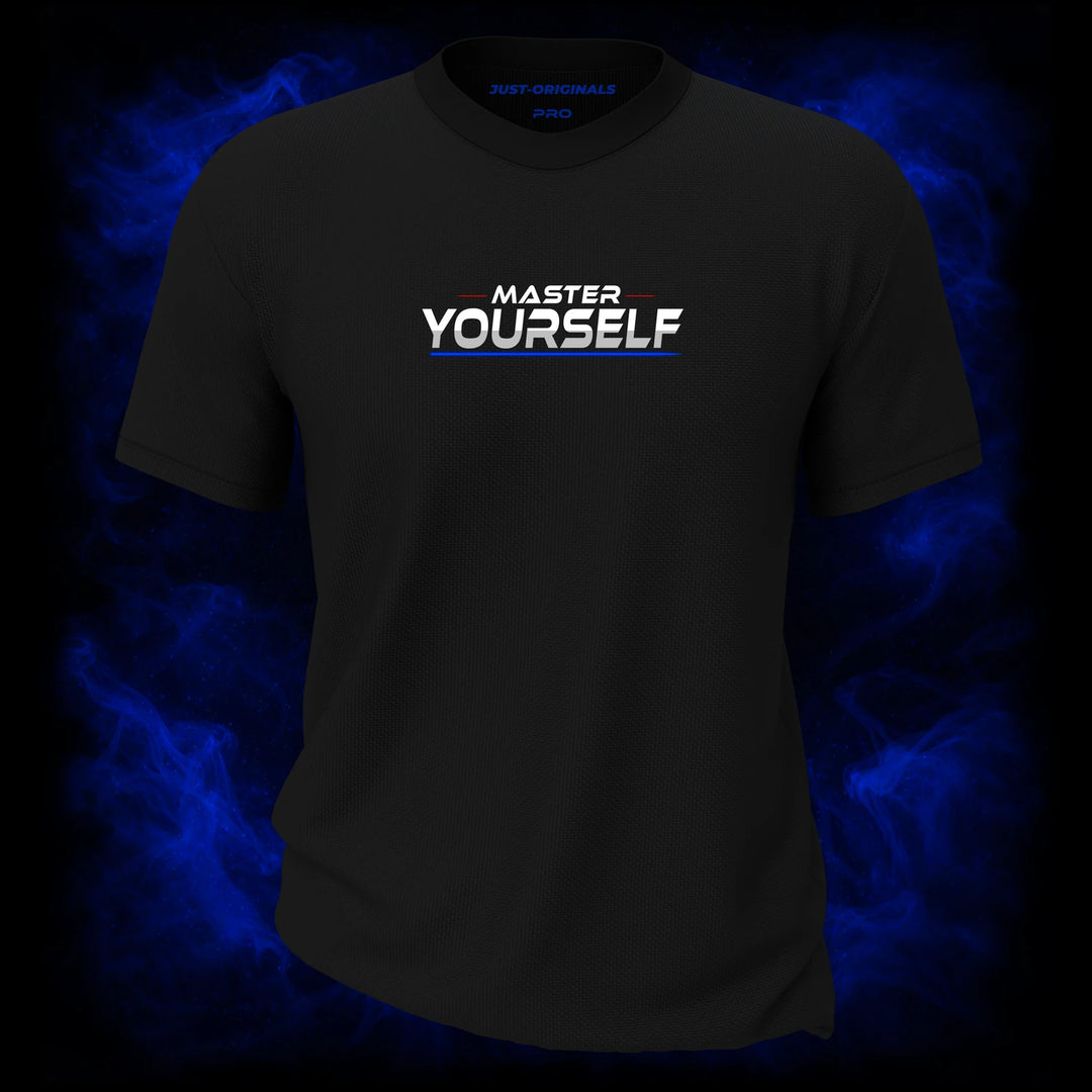 MAXPULSE™ PRO | MASTER YOURSELF | Men Performance Tee | White text with red and blue accent lines on BlackPulse™ shirt | Featured in MAXPULSE™ PRO Men Tee