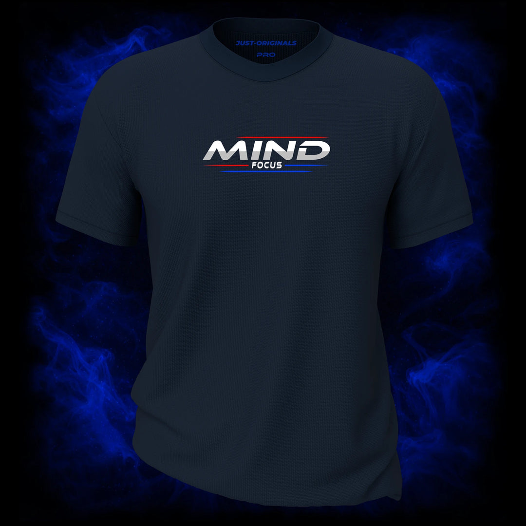 MAXPULSE™ PRO | MIND FOCUS | Men Tee | White text with red top line and blue bottom line on StormPulse™ shirt | Featured in MAXPULSE™ PRO Men Tee