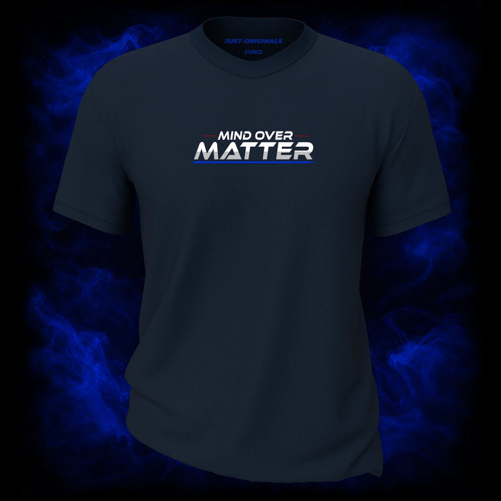 MAXPULSE™ PRO | MIND OVER MATTER | Men Performance Tee | White text with red and blue accent lines on StormPulse™ shirt | Featured in MAXPULSE™ PRO Men Tee