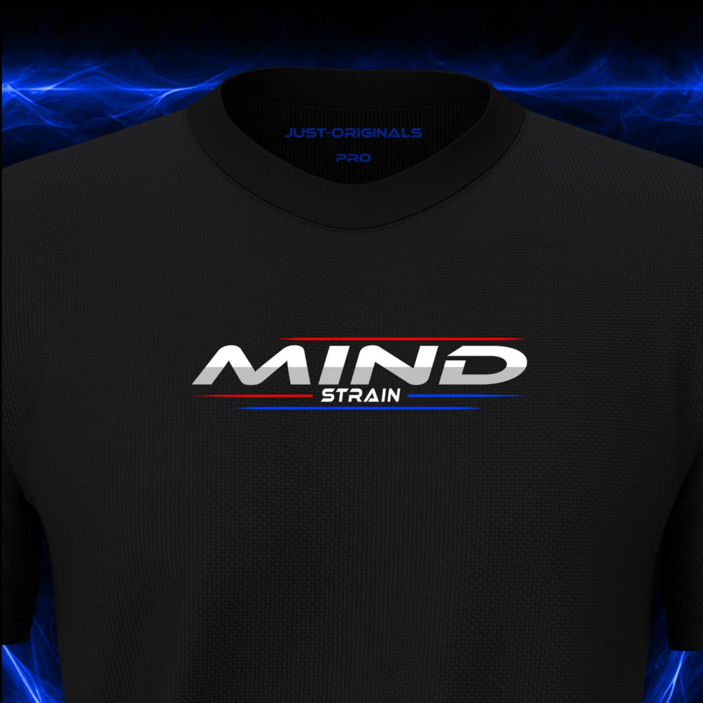 Close-up of the JUST-ORIGINALS™ MAXPULSE PRO Men MIND STRAIN design on a BlackPulse™ performance t-shirt, featuring white MIND typography, white STRAIN text, red and blue performance accent lines, and premium neck label.