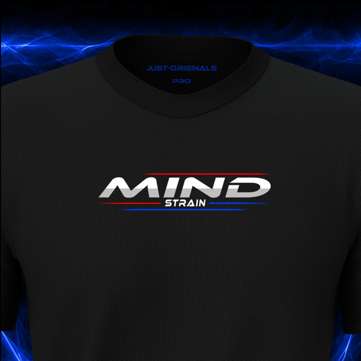 Close-up of the JUST-ORIGINALS™ MAXPULSE PRO Men MIND STRAIN design on a BlackPulse™ performance t-shirt, featuring white MIND typography, white STRAIN text, red and blue performance accent lines, and premium neck label.