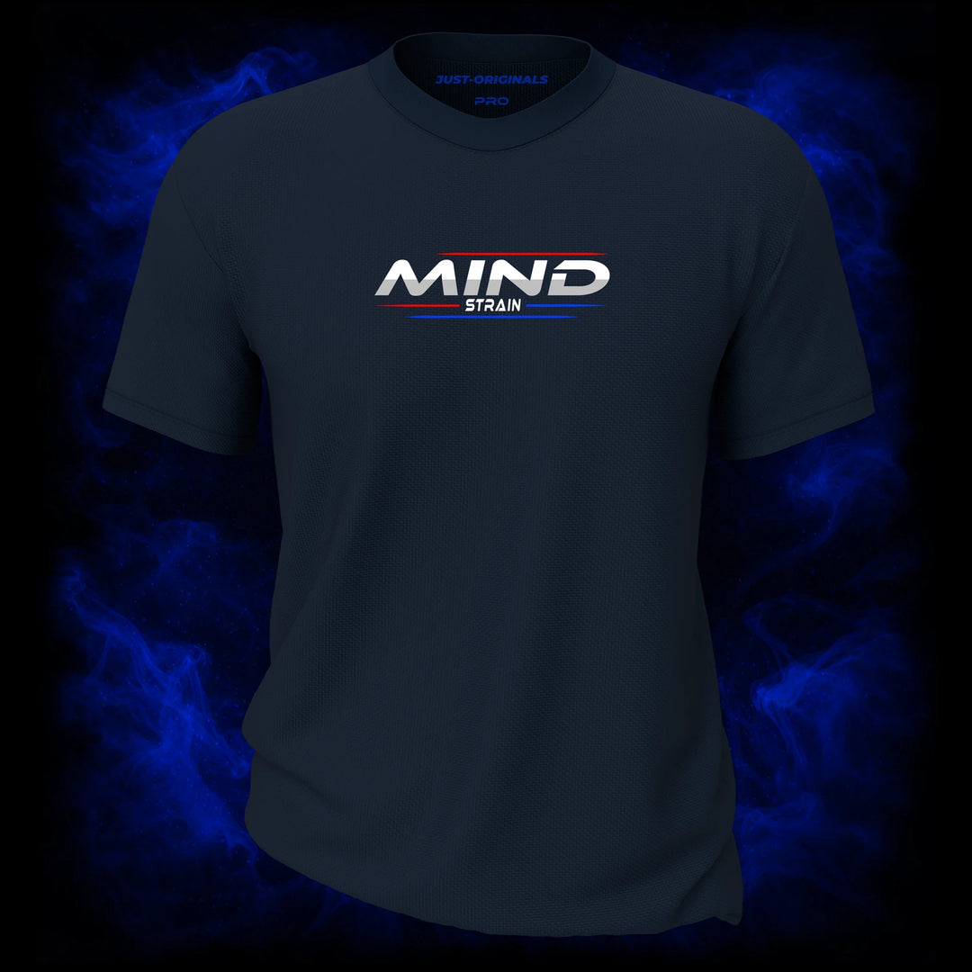 MAXPULSE™ PRO | MIND STRAIN | Men Tee | White text with red top line and blue bottom line on StormPulse™ shirt | Featured in MAXPULSE™ PRO Men Tee