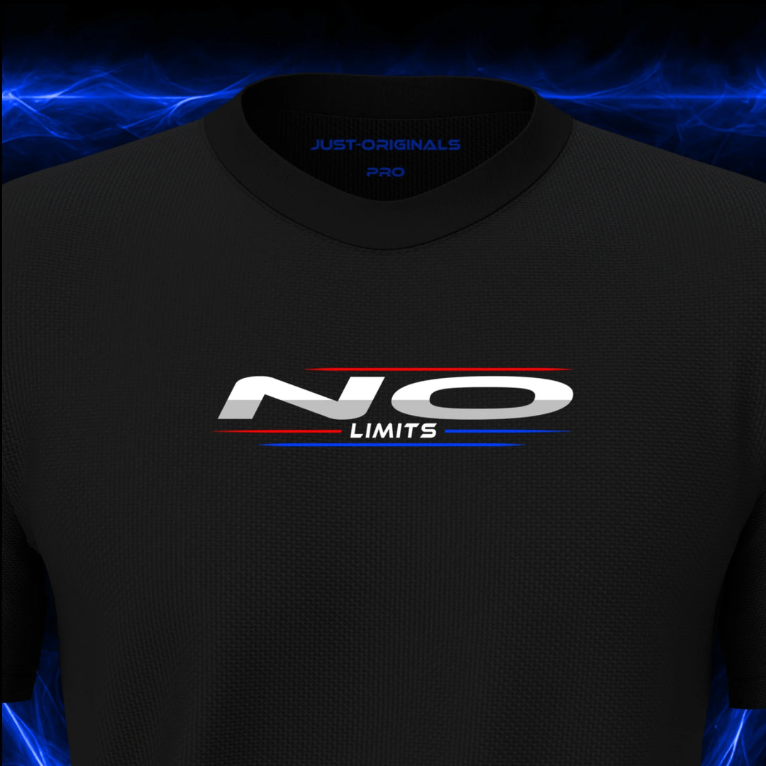 MAXPULSE™ PRO Men Tee — NO LIMITS design close-up on BlackPulse™ colorway with white performance typography, red accent line, and blue accent detail.