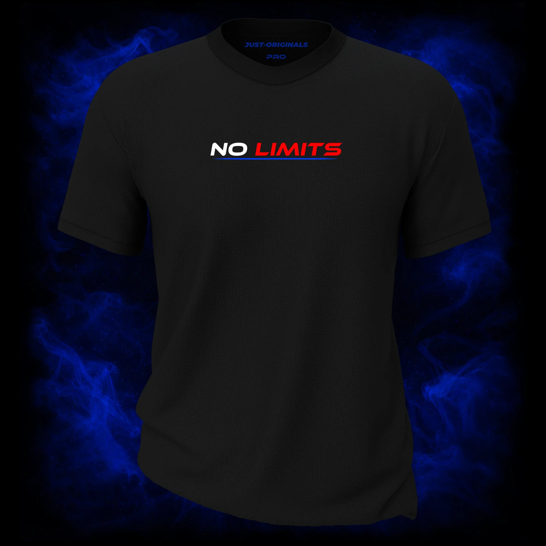 MAXPULSE™ PRO | NO LIMITS | Front Design | White and red athletic typography with blue underline on BlackPulse™ performance tee | Featured in MAXPULSE™ PRO Men Performance Tee