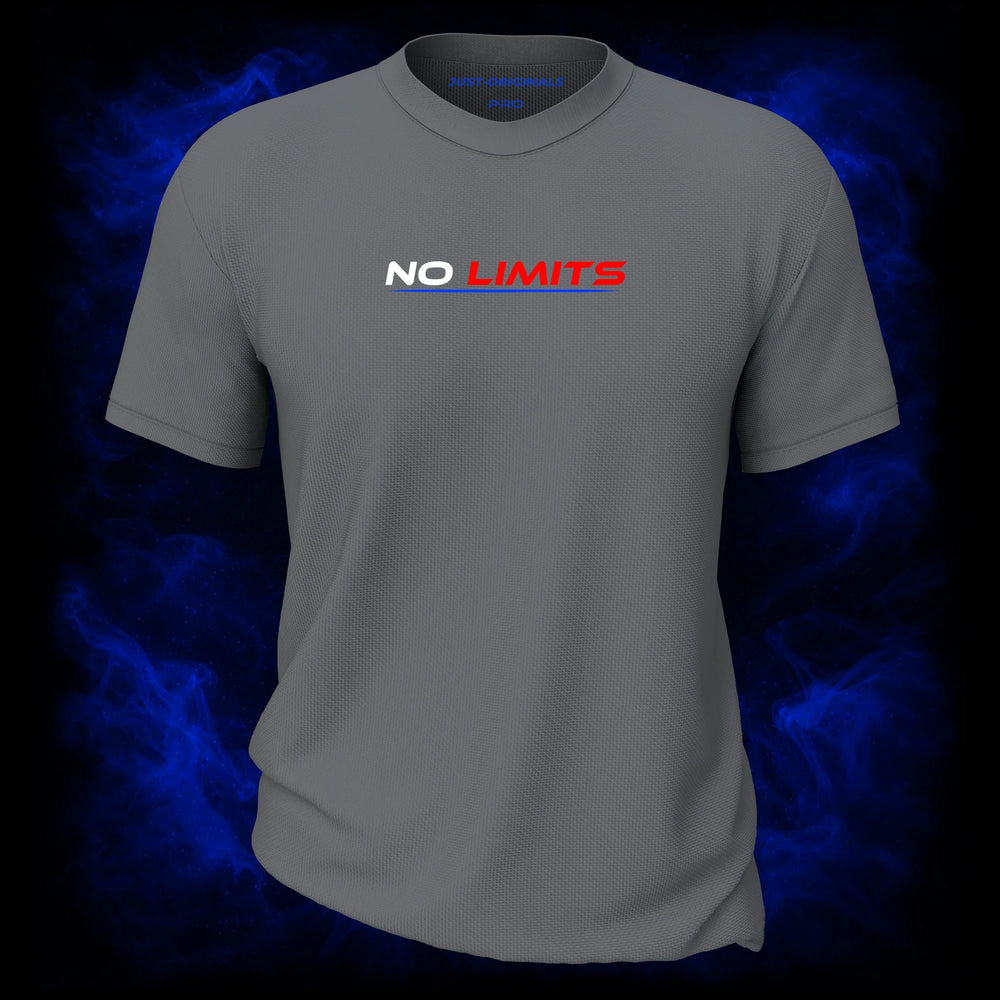 MAXPULSE™ PRO | NO LIMITS | Front Design | White and red athletic typography with blue underline on SteelPulse™ performance tee | Featured in MAXPULSE™ PRO Men Performance Tee