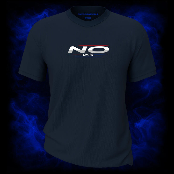 MAXPULSE™ PRO | NO LIMITS | Men Tee | White NO text with red top line and blue underline on StormPulse™ shirt | Featured in MAXPULSE™ PRO Men Tee