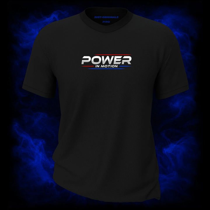 MAXPULSE™ PRO | POWER IN MOTION | Men Tee | White text with red and blue accent lines on BlackPulse™ shirt | Featured in MAXPULSE™ PRO Men Tee