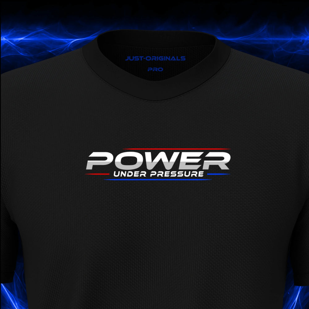 Close-up of the JUST-ORIGINALS™ MAXPULSE PRO Men POWER UNDER PRESSURE design on a BlackPulse™ performance t-shirt, featuring white POWER typography, white UNDER PRESSURE text, red and blue performance accent lines, and premium neck label.