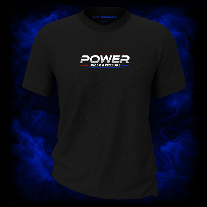MAXPULSE™ PRO | POWER UNDER PRESSURE | Men Tee | White text with red and blue accent lines on BlackPulse™ shirt | Featured in MAXPULSE™ PRO Men Tee