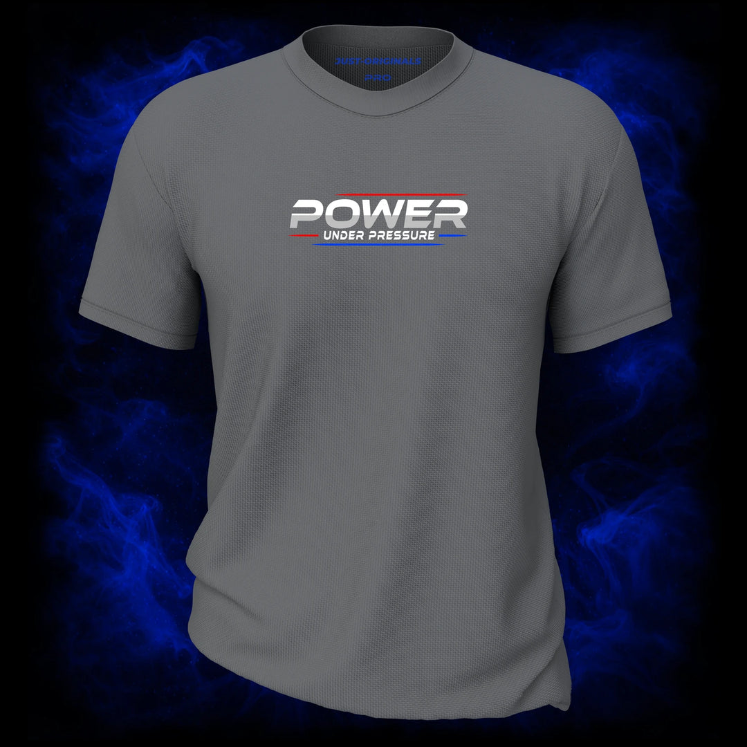 MAXPULSE™ PRO | POWER UNDER PRESSURE | Men Tee | White text with red and blue accent lines on SteelPulse™ shirt | Featured in MAXPULSE™ PRO Men Tee