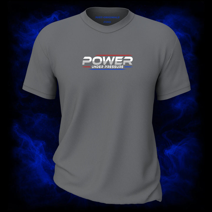 MAXPULSE™ PRO | POWER UNDER PRESSURE | Men Tee | White text with red and blue accent lines on SteelPulse™ shirt | Featured in MAXPULSE™ PRO Men Tee