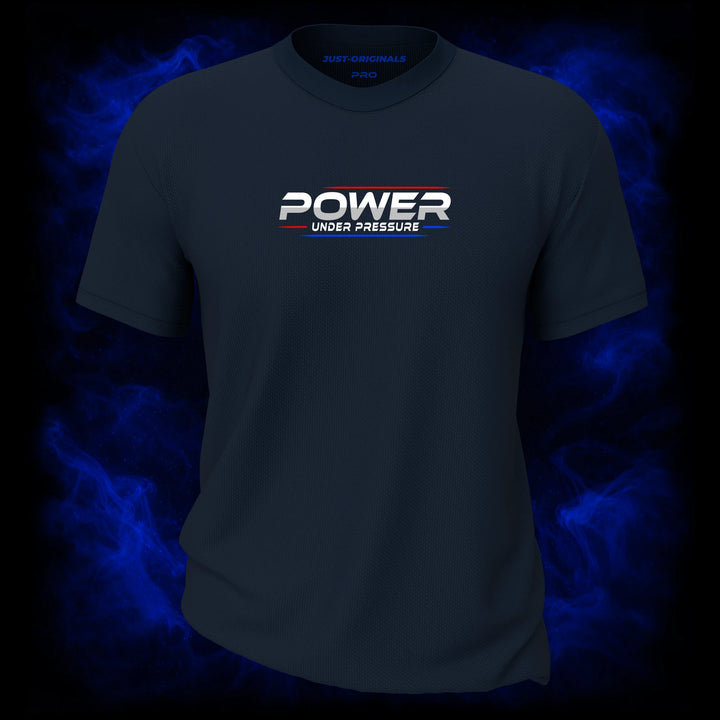 MAXPULSE™ PRO | POWER UNDER PRESSURE | Men Tee | White text with red and blue accent lines on StormPulse™ shirt | Featured in MAXPULSE™ PRO Men Tee