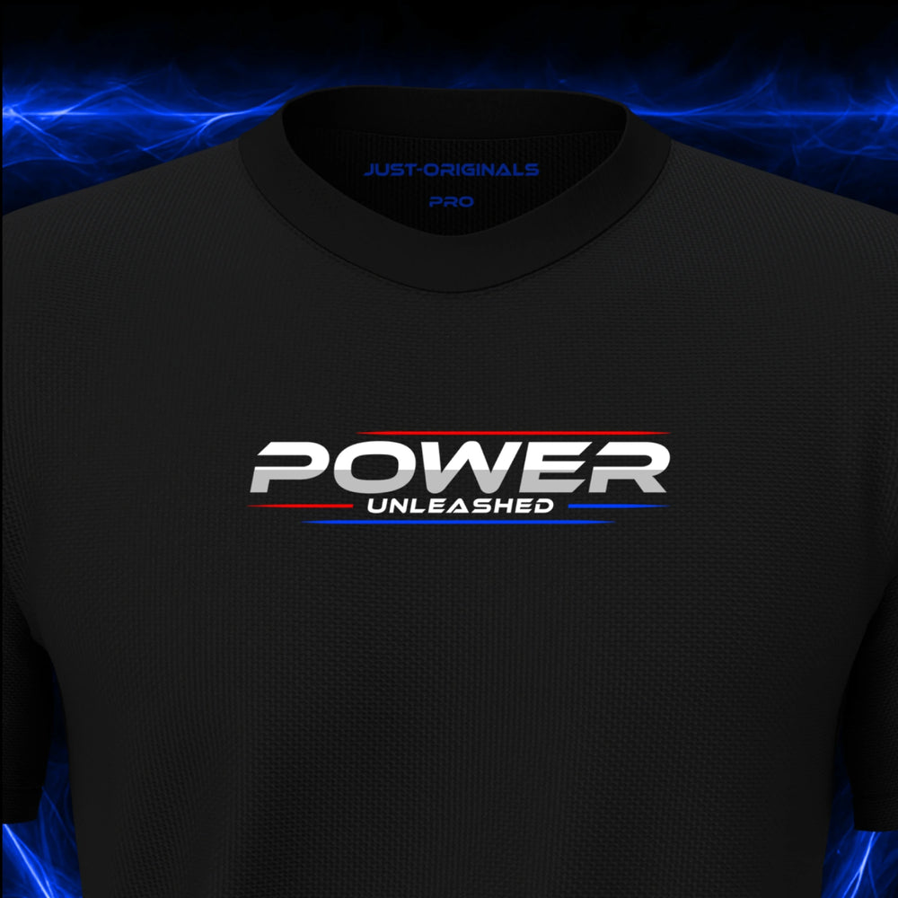 Close-up of the JUST-ORIGINALS™ MAXPULSE PRO Men POWER UNLEASHED design on a BlackPulse™ performance t-shirt, featuring white POWER typography, white UNLEASHED text, red and blue performance accent lines, and premium neck label.