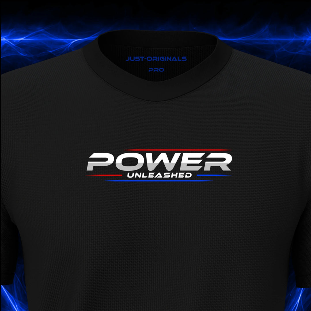 Close-up of the JUST-ORIGINALS™ MAXPULSE PRO Men POWER UNLEASHED design on a BlackPulse™ performance t-shirt, featuring white POWER typography, white UNLEASHED text, red and blue performance accent lines, and premium neck label.