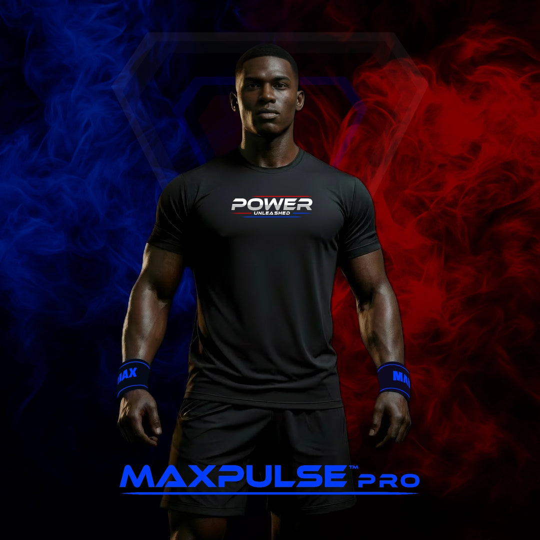MAXPULSE™ PRO men performance t-shirt POWER UNLEASHED design black gym tee with blue and red smoke background high intensity training apparel