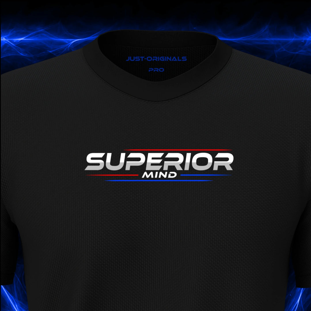 Close-up of the JUST-ORIGINALS™ MAXPULSE PRO Men SUPERIOR MIND design on a BlackPulse™ performance t-shirt, featuring white SUPERIOR typography, white MIND text, red and blue performance accent lines, and premium neck label.
