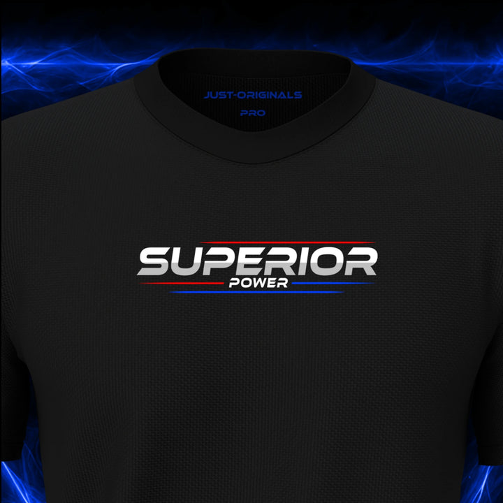 Close-up of the JUST-ORIGINALS™ MAXPULSE PRO Men SUPERIOR POWER design on a BlackPulse™ performance t-shirt, featuring white SUPERIOR typography, white POWER text, red and blue performance accent lines, and premium neck label.