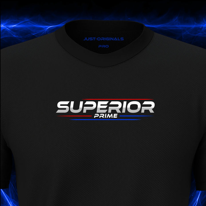 Close-up of the JUST-ORIGINALS™ MAXPULSE PRO Men SUPERIOR PRIME design on a BlackPulse™ performance t-shirt, featuring white SUPERIOR typography, white PRIME text, red and blue performance accent lines, and premium neck label.