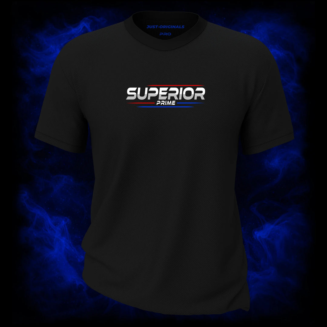 MAXPULSE™ PRO Men Tee – SUPERIOR PRIME design on BlackPulse™ colorway with white performance typography, red accent line(s), and blue accent