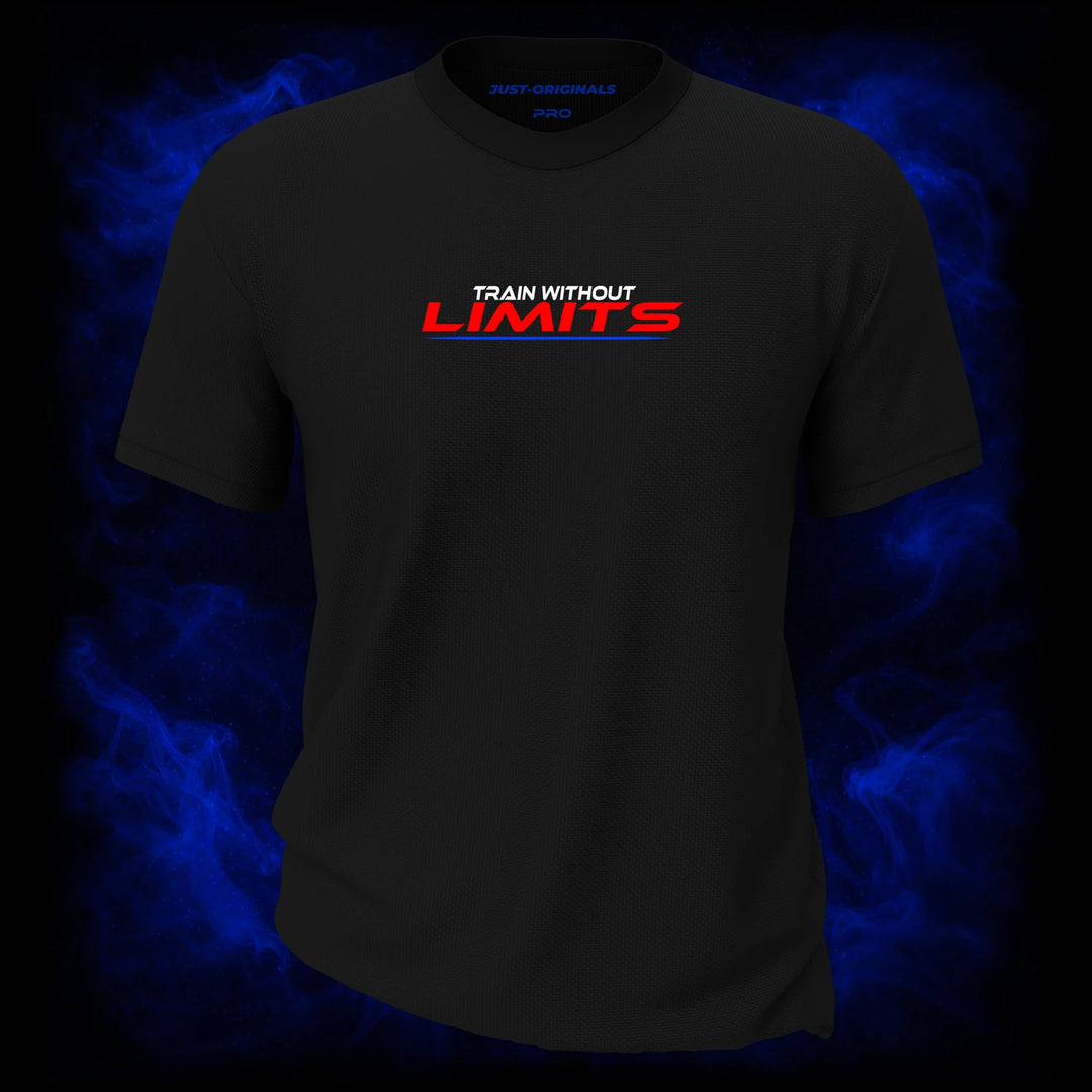 MAXPULSE™ PRO | TRAIN WITHOUT LIMITS | Front Design | Red athletic LIMITS typography with white TRAIN WITHOUT accent on BlackPulse™ performance tee | Featured in MAXPULSE™ PRO Men Performance Tee