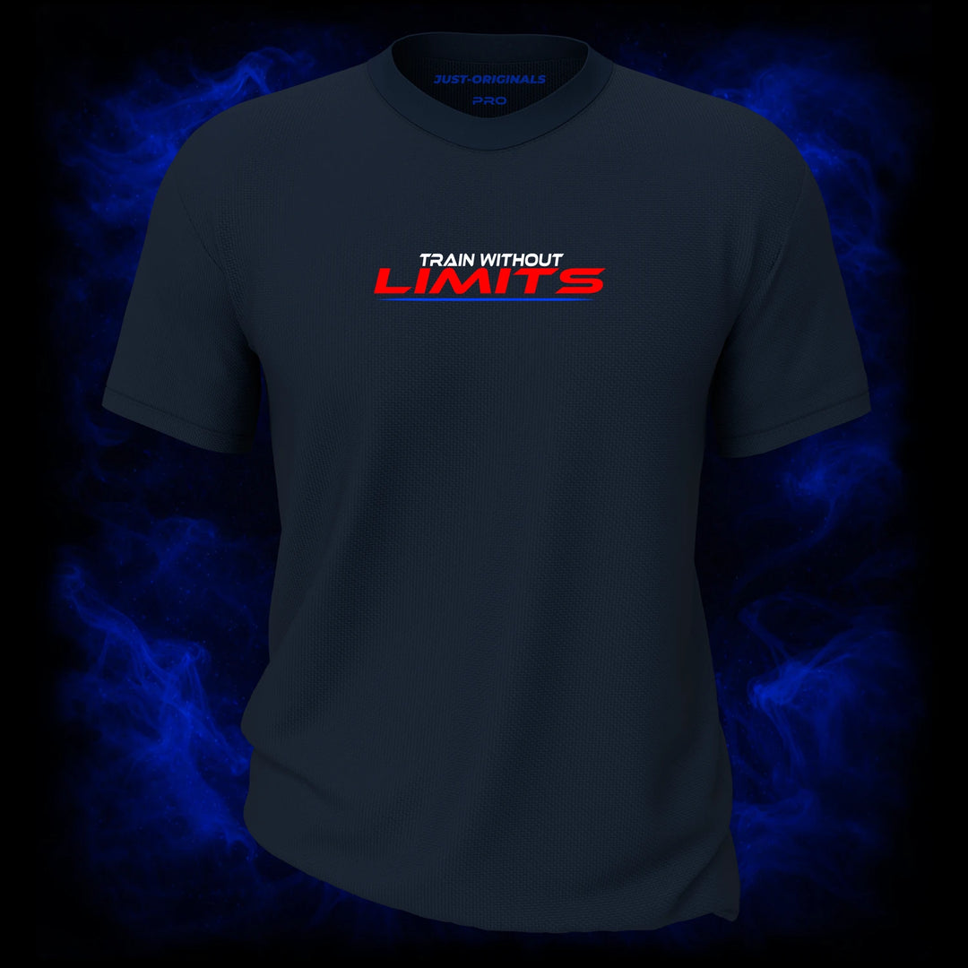 MAXPULSE™ PRO | TRAIN WITHOUT LIMITS | Front Design | Red athletic LIMITS typography with white TRAIN WITHOUT accent on StormPulse™ performance tee | Featured in MAXPULSE™ PRO Men Performance Tee