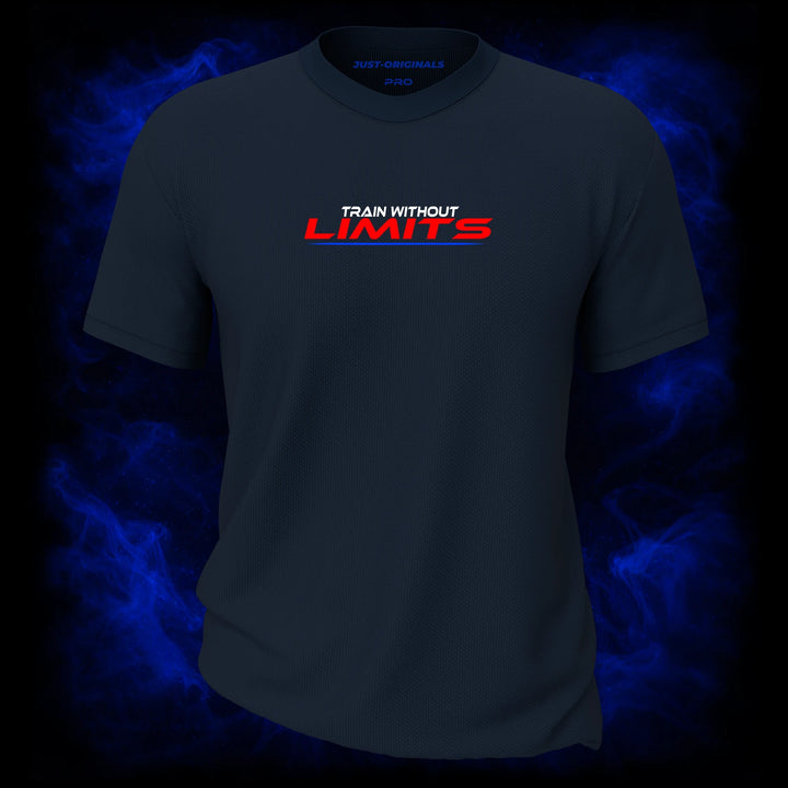 MAXPULSE™ PRO | TRAIN WITHOUT LIMITS | Front Design | Red athletic LIMITS typography with white TRAIN WITHOUT accent on StormPulse™ performance tee | Featured in MAXPULSE™ PRO Men Performance Tee