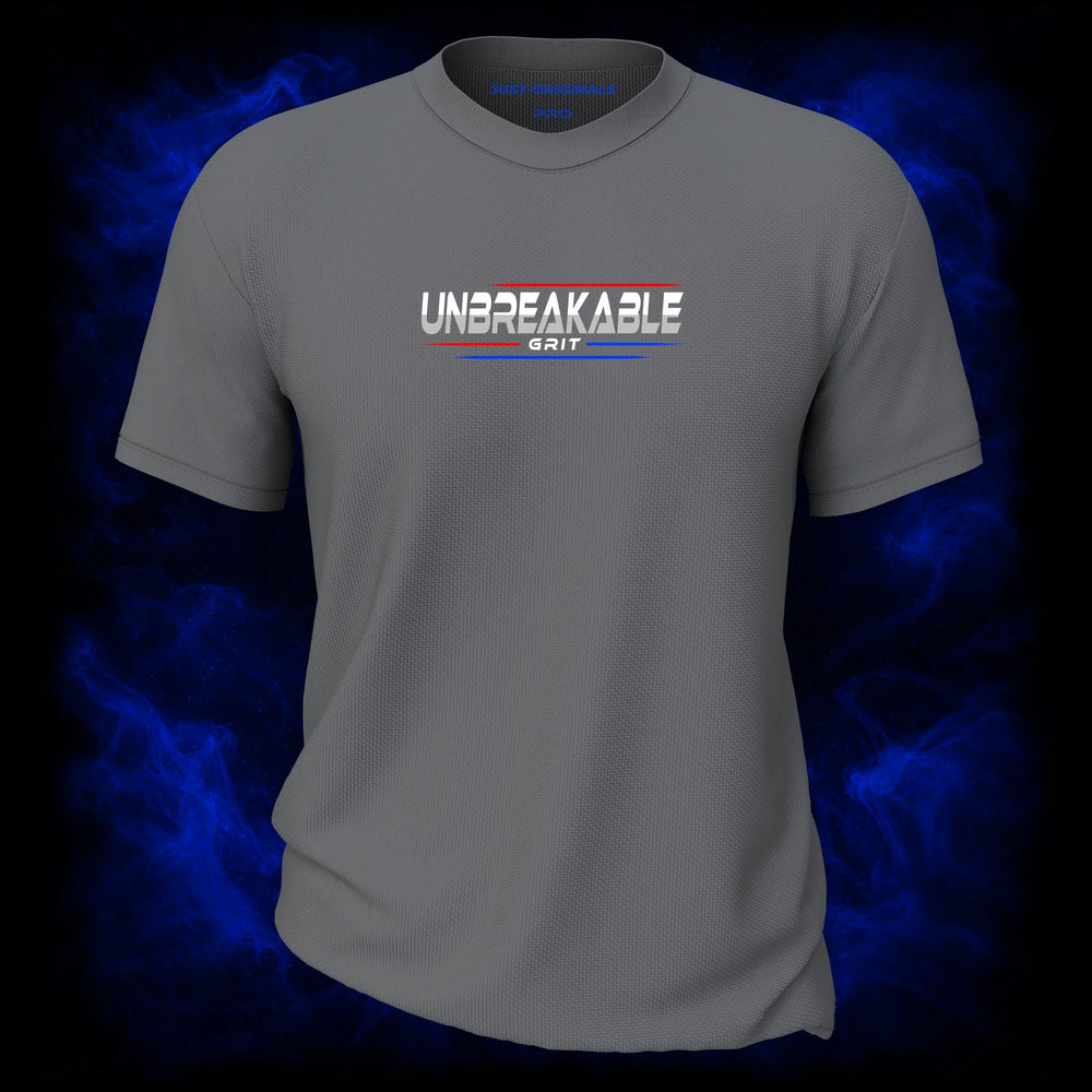 MAXPULSE™ PRO | UNBREAKABLE GRIT | Men Tee | Bold white text with red and blue accent lines on SteelPulse™ shirt | Featured in MAXPULSE™ PRO Men Tee