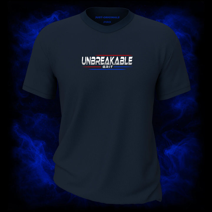 MAXPULSE™ PRO | UNBREAKABLE GRIT | Men Tee | Bold white text with red and blue accent lines on StormPulse™ shirt | Featured in MAXPULSE™ PRO Men Tee