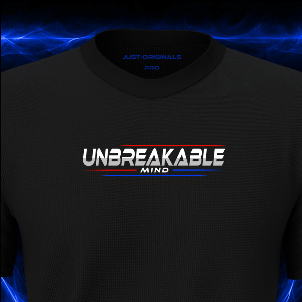 Close-up of the JUST-ORIGINALS™ MAXPULSE PRO Men UNBREAKABLE MIND design on a BlackPulse™ performance t-shirt, featuring white UNBREAKABLE typography, white MIND text, red and blue performance accent lines, and premium neck label.