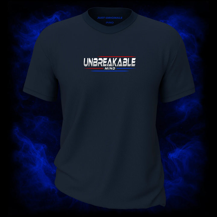 MAXPULSE™ PRO | UNBREAKABLE MIND | Men Tee | Bold white text with red and blue accent lines on StormPulse™ shirt | Featured in MAXPULSE™ PRO Men Tee